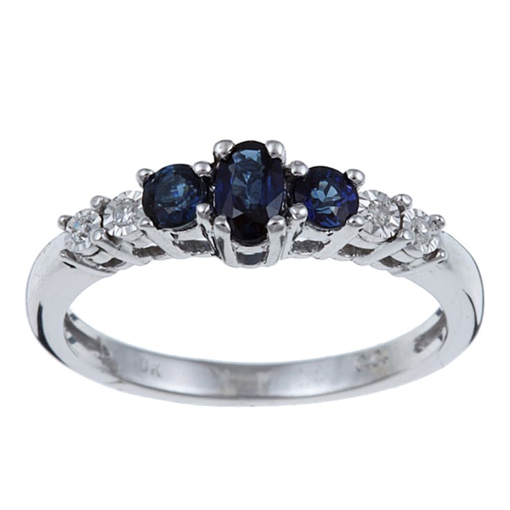 10k White Gold Three Stone Blue Sapphire and Diamond Ring
