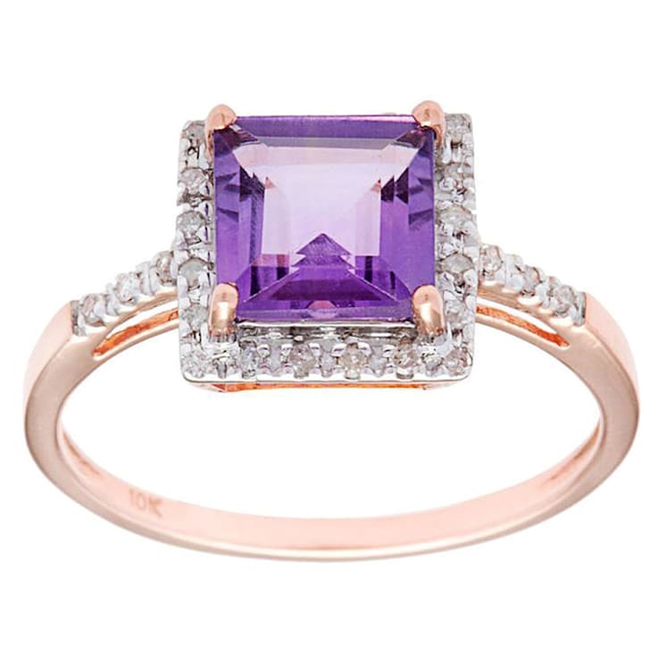 10k Rose Gold Square Amethyst and Diamond Halo Ring