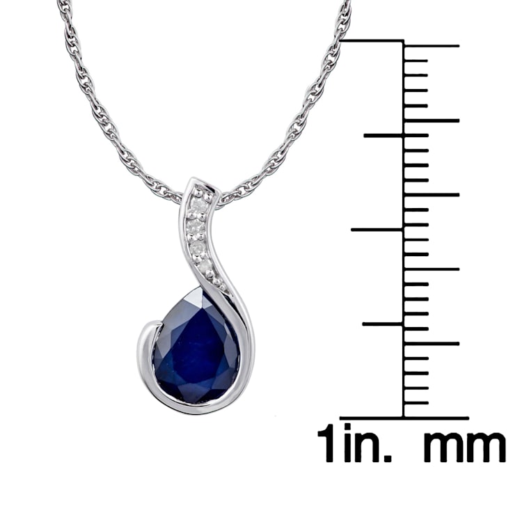 10k White Gold Genuine Pear-Shape Sapphire and Diamond Drop Pendant With Chain