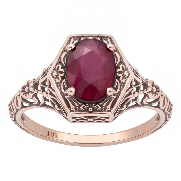 10k Rose Gold Vintage Style Genuine Oval Ruby Filigree Ring