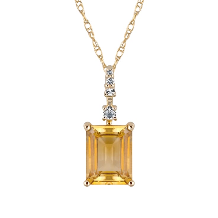 10k Yellow Gold Genuine Emerald Cut Citrine and White Topaz Pendant With  Chain