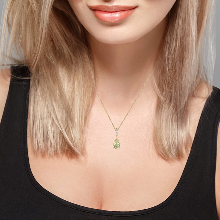 10k Yellow Gold Genuine Pear-Shape Prasiolite and Diamond Drop Pendant
With Chain