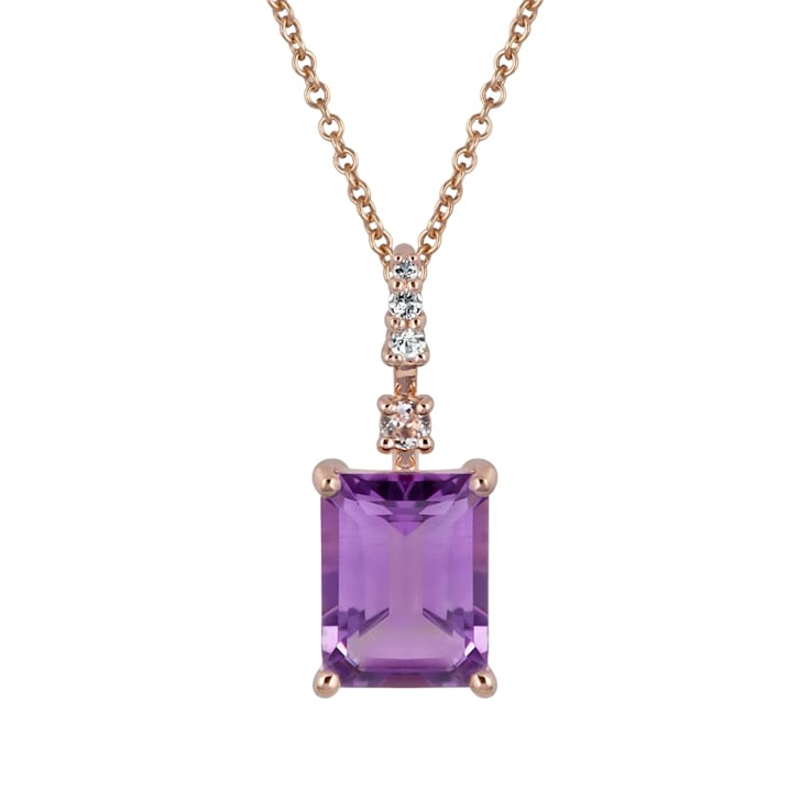 10k Rose Gold Genuine Emerald Cut Amethyst and White Topaz Pendant With Chain