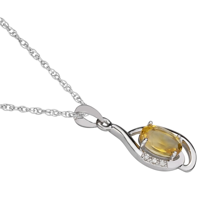 10k Yellow Gold Genuine Oval Citrine and Diamond Pendant With Chain