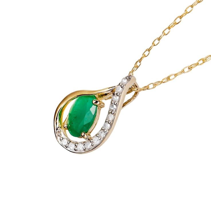 10k Yellow Gold Genuine Oval Emerald and Diamond Halo Drop Pendant With Chain