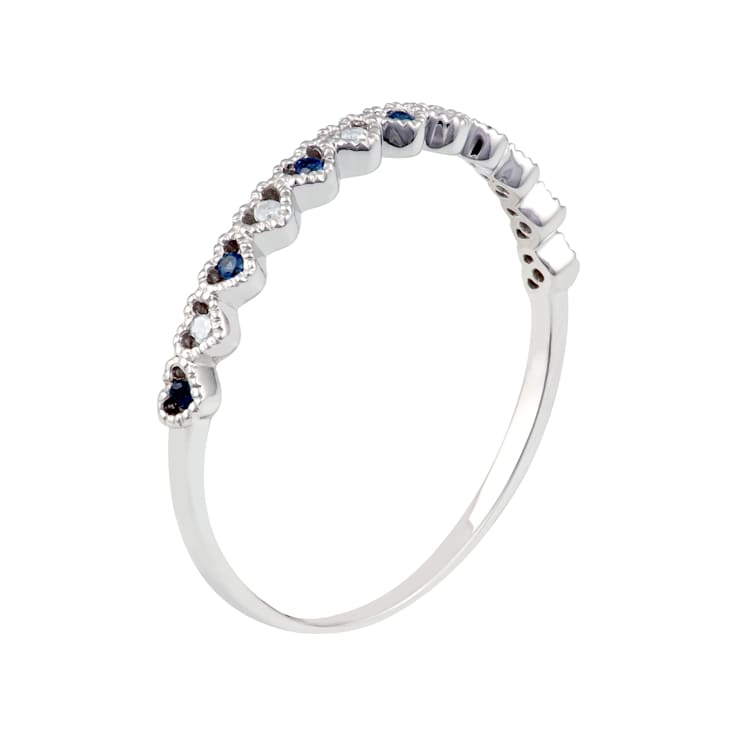 10k White Gold Genuine Sapphire and Diamond Petite Heart Stackable Band