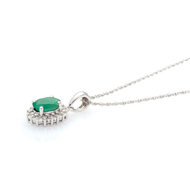 10k White Gold Oval Emerald and Diamond Halo Pendant With Chain