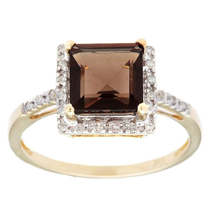 10k Yellow Gold Square Smoky Quartz and Diamond Halo Ring