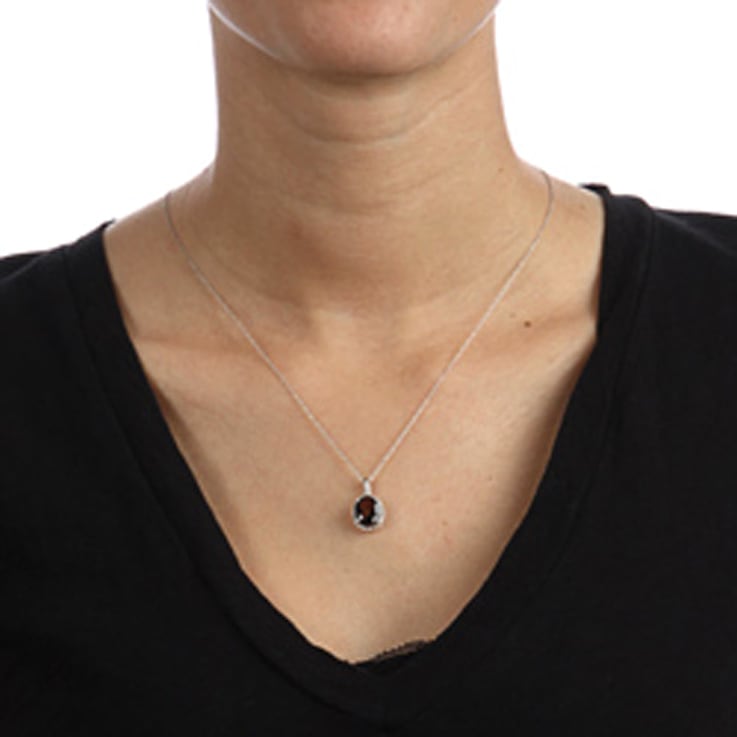 10k White Gold Oval Smoky Quartz and Diamond Halo Pendant With Chain