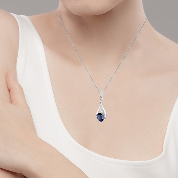 10k White Gold Genuine Oval Sapphire and Diamond Drop Pendant With Chain