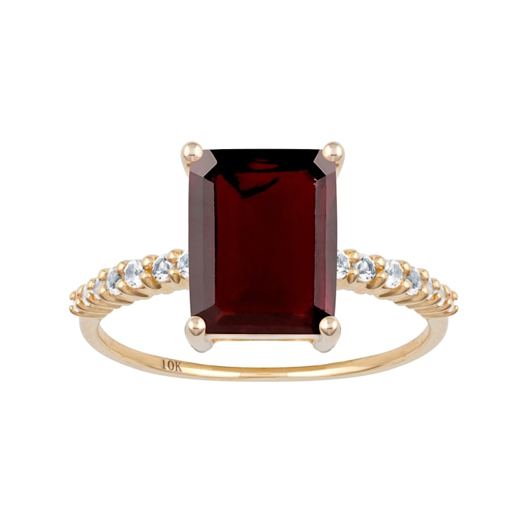 10K Yellow Gold Rectangular Octagonal Garnet and White Topaz Ring