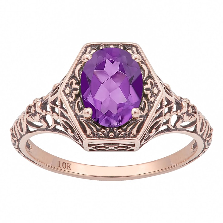 10k Rose Gold Vintage Style Genuine Oval Amethyst Filigree Ring