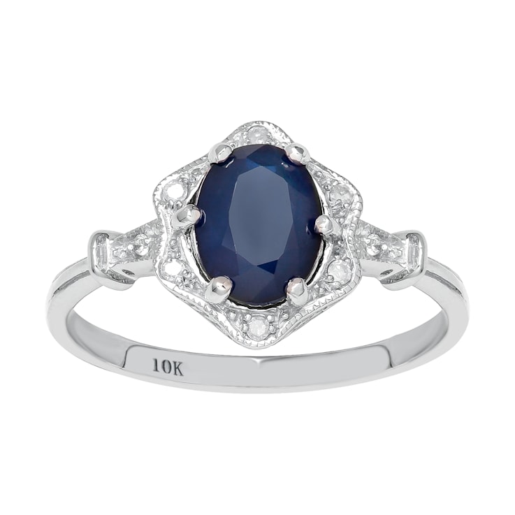 10k White Gold Vintage Style Genuine Oval Sapphire and Diamond Halo Ring