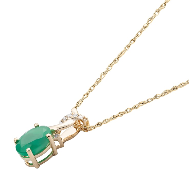 10k Yellow Gold Oval Emerald and Diamond Twist Pendant With Chain