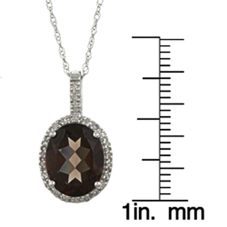 10k White Gold Oval Smoky Quartz and Diamond Halo Pendant With Chain