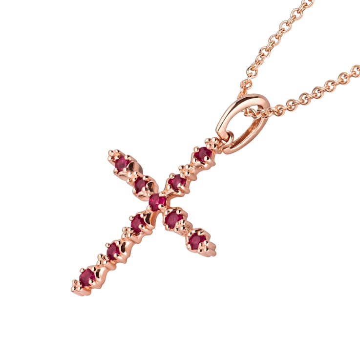 10k Rose Gold Genuine Ruby Cross Pendant With Chain