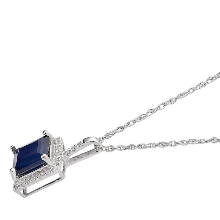 10k White Gold Genuine Sapphire and Diamond Pendant With Chain