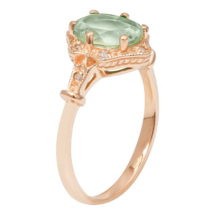 10k Yellow Gold Vintage Style Genuine Oval Prasiolite and Diamond Halo Ring