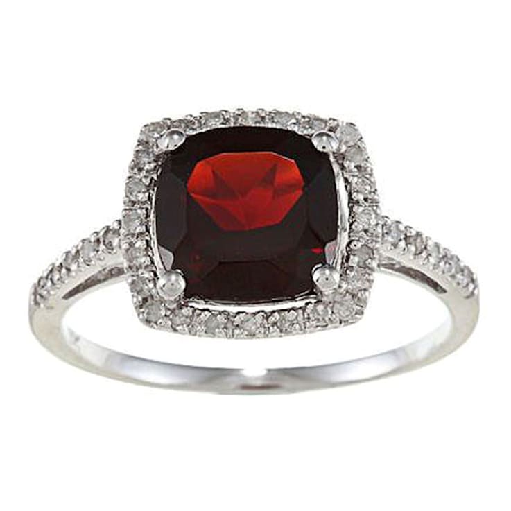 10k White Gold Cushion Garnet and Diamond Halo Ring