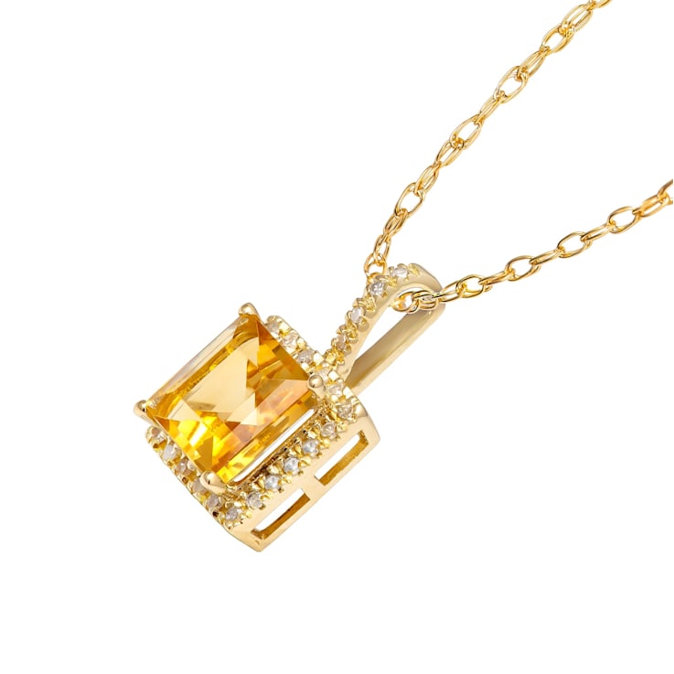 10k Yellow Gold Genuine Citrine and Diamond Pendant With Chain