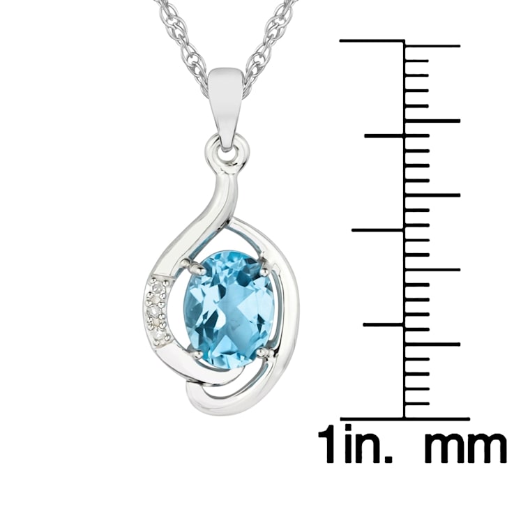 10k White Gold Genuine Oval Blue Topaz and Diamond Pendant With Chain