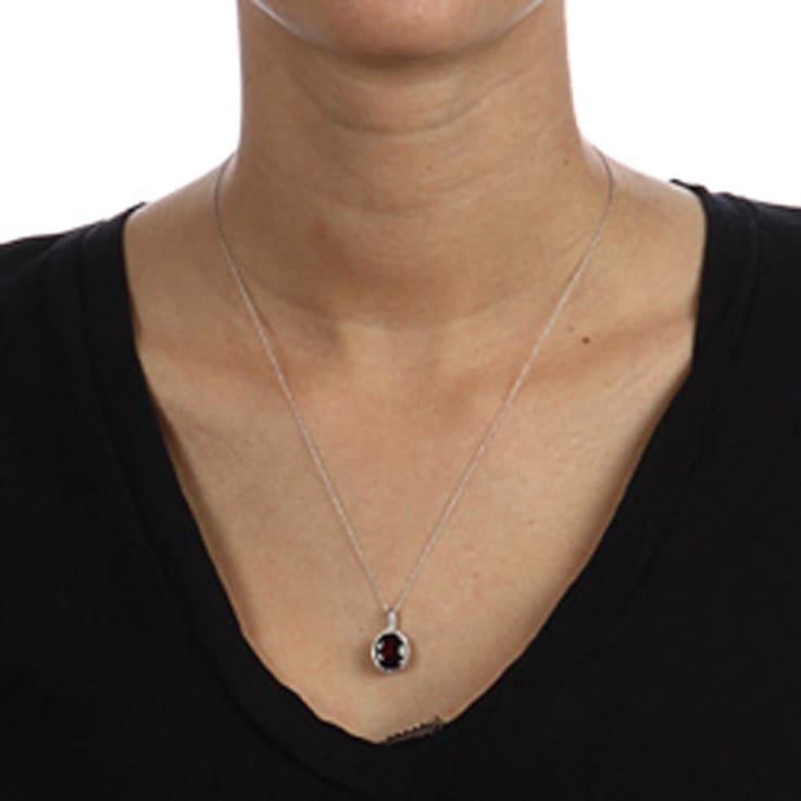 10k White Gold Oval Garnet and Diamond Halo Pendant With Chain