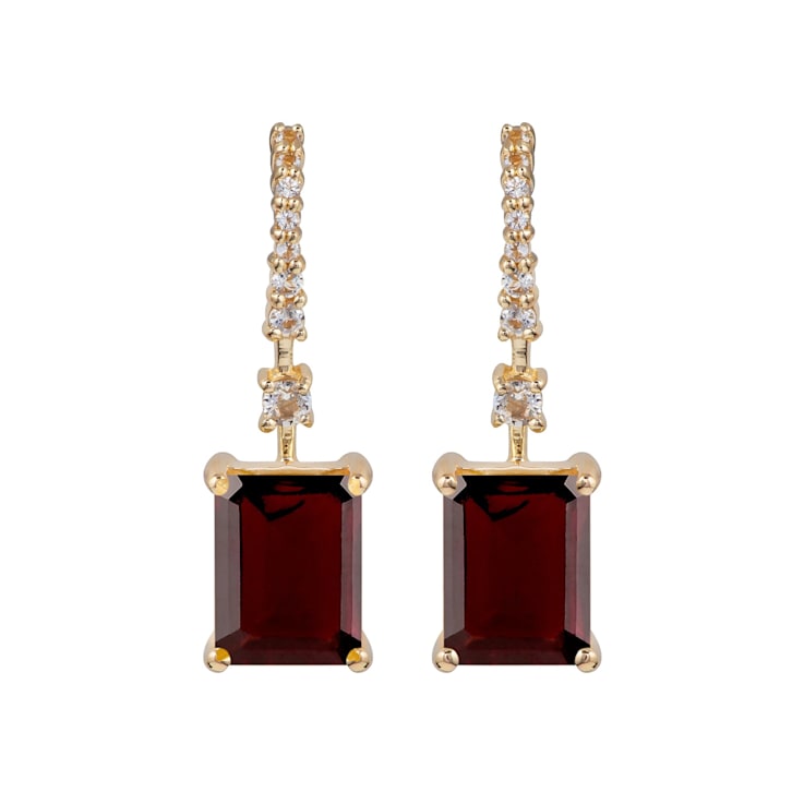 10K Yellow Gold Rectangular Octagonal Garnet and White Topaz Dangle Earrings