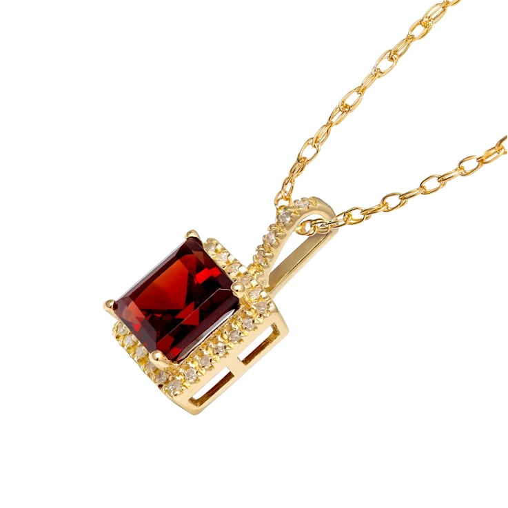 10k Yellow Gold Genuine Garnet and Diamond Pendant With Chain