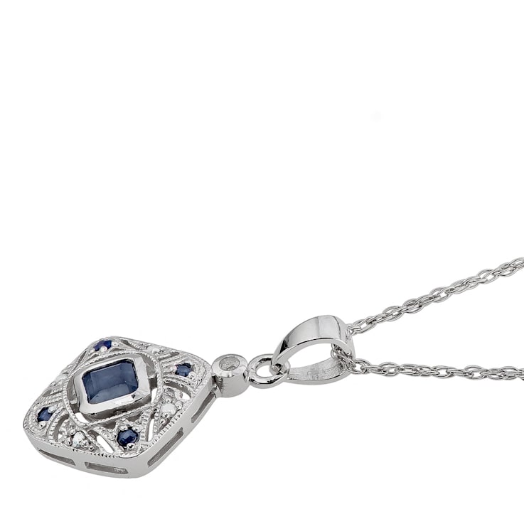10k White Gold Vintage Style Sapphire and Diamond Pendant With Chain