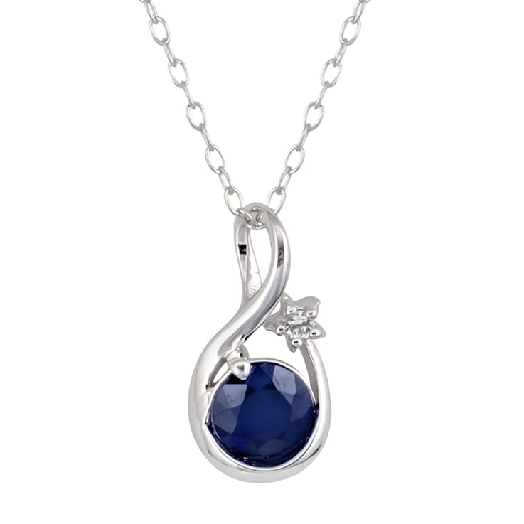 10k White Gold Genuine Round Sapphire Pendant With Chain