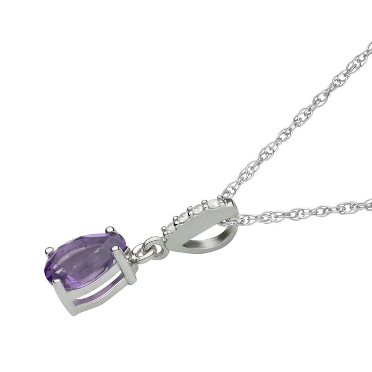 10k White Gold Genuine Pear-Shape Amethyst and Diamond Drop Pendant With Chain