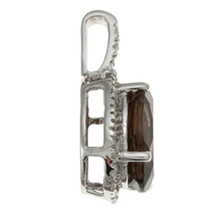 10k White Gold Oval Smoky Quartz and Diamond Halo Pendant With Chain