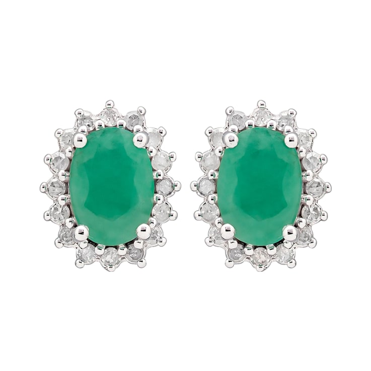 10K White Gold Emerald and Diamond Halo Earrings