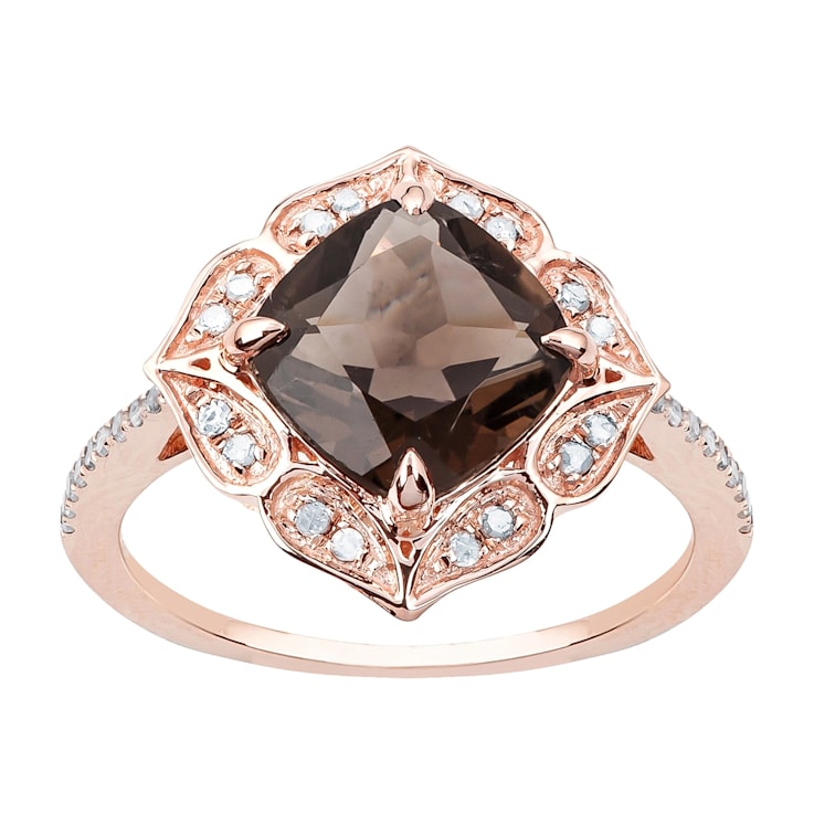 10k Rose Gold Vintage Style Cushion Smoky Quartz and Diamond Ring