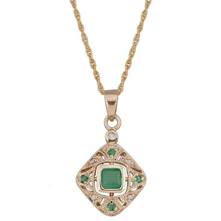 10k Yellow Gold Vintage Style Emerald and Diamond Pendant With Chain