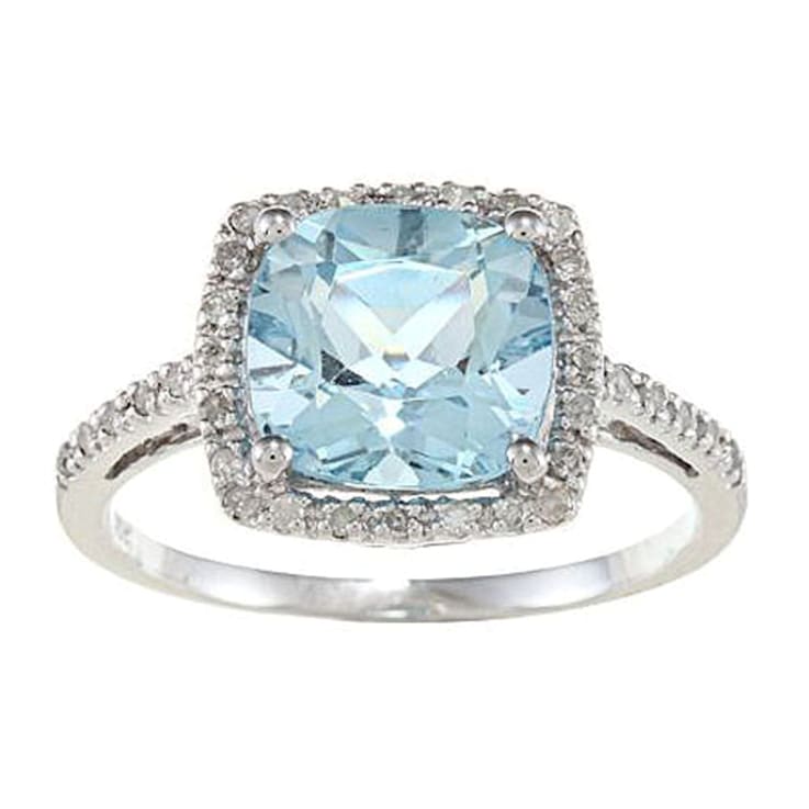 10k White Gold Cushion Blue Topaz and Diamond Halo Ring