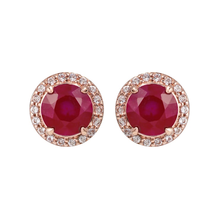 10K Rose Gold Ruby and White Topaz Halo Earrings