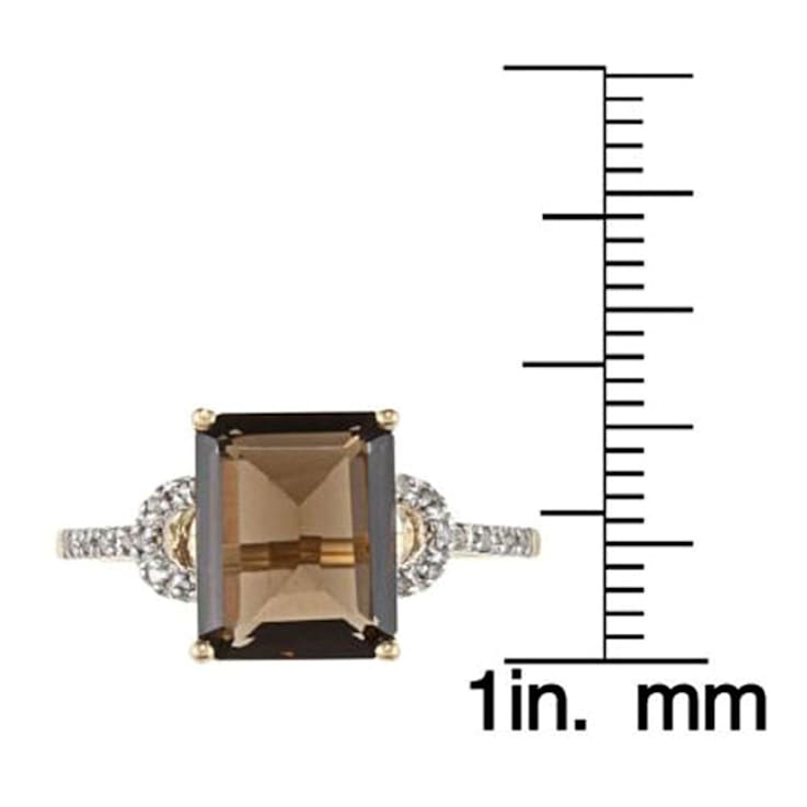 10k Yellow Gold Emerald-Shape Smoky Quartz and Diamond Ring