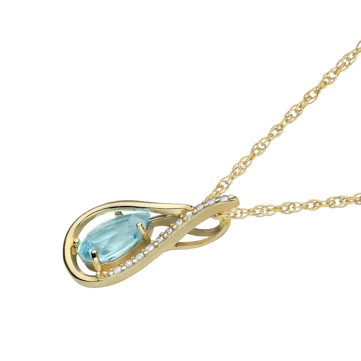 10k Yellow Gold Genuine Pear-shape Blue Topaz and Diamond Halo Drop
Pendant With Chain