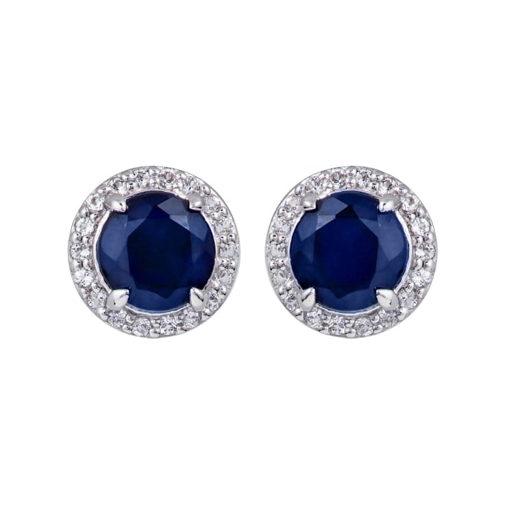 10K White Gold Sapphire and White Topaz Halo Earrings