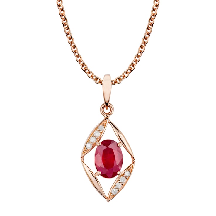 10k Rose Gold Genuine Oval Ruby and Diamond Pendant With Chain