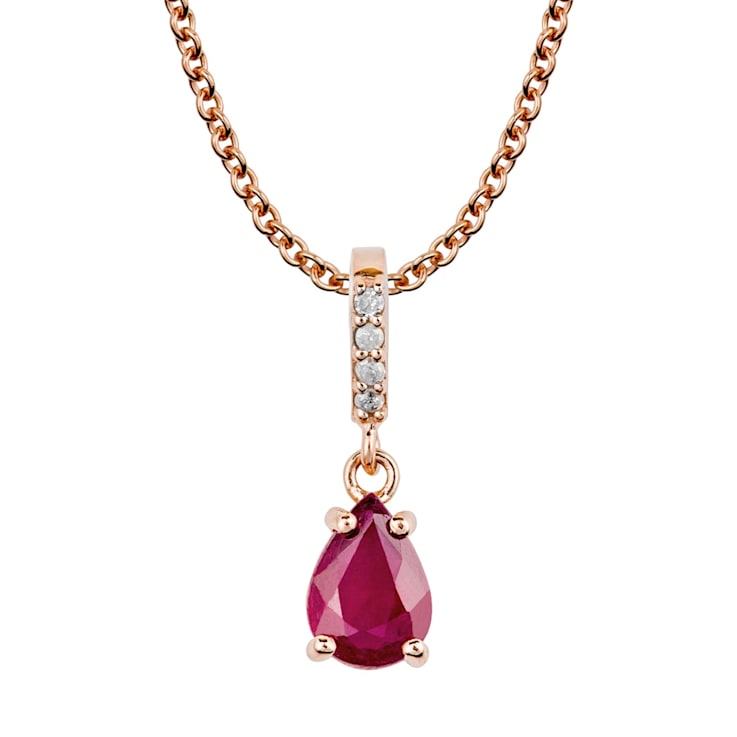 10k Rose Gold Genuine Pear-Shape Ruby and Diamond Drop Pendant With Chain