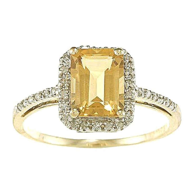 10k Yellow Gold Emerald-Cut Citrine and Diamond Halo Ring