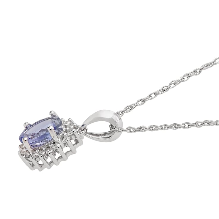 10k White Gold Oval Tanzanite and Diamond Halo Pendant With Chain