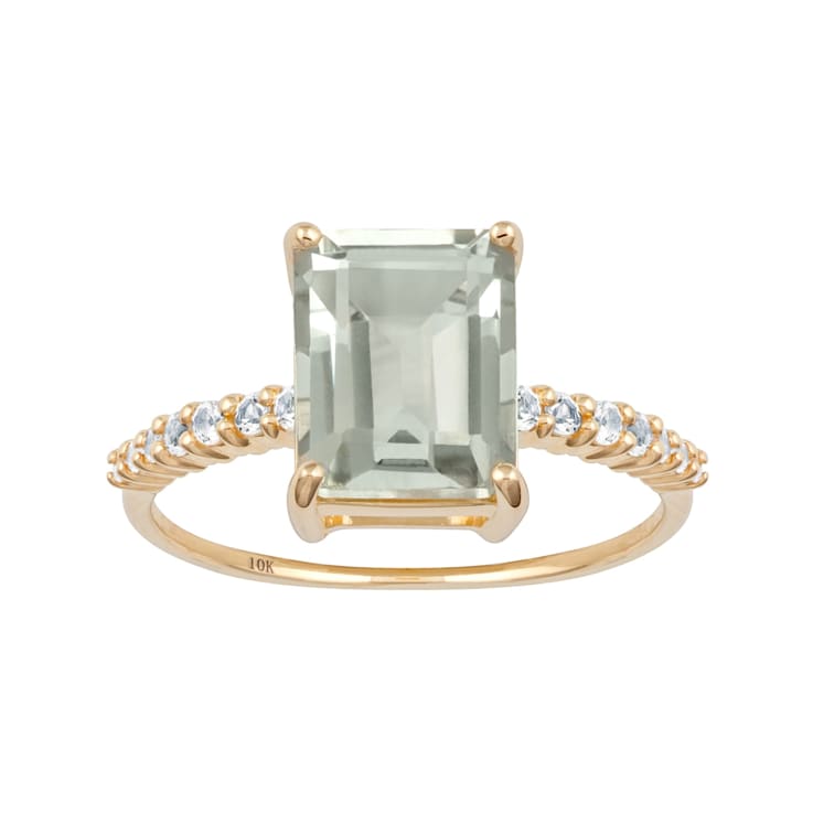 10k Yellow Gold Emerald-Cut Prasiolite and White Topaz Ring