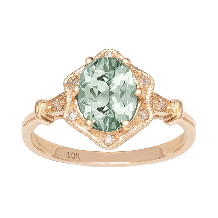 10k Yellow Gold Vintage Style Genuine Oval Prasiolite and Diamond Halo Ring