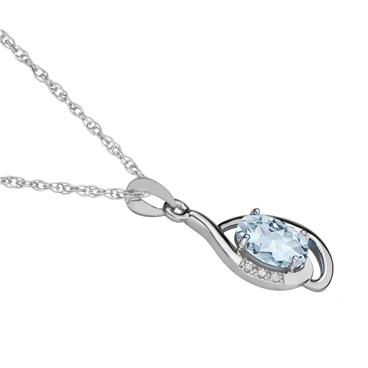 10k white gold genuine oval aquamarine and diamond pendant with chain
