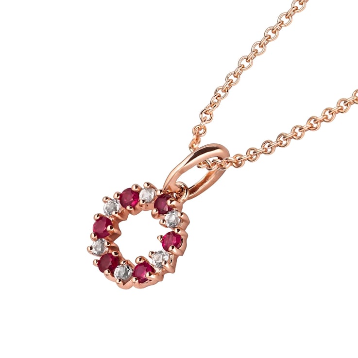 10k Rose Gold Genuine Ruby and White Topaz Petite Circle Pendant With Chain