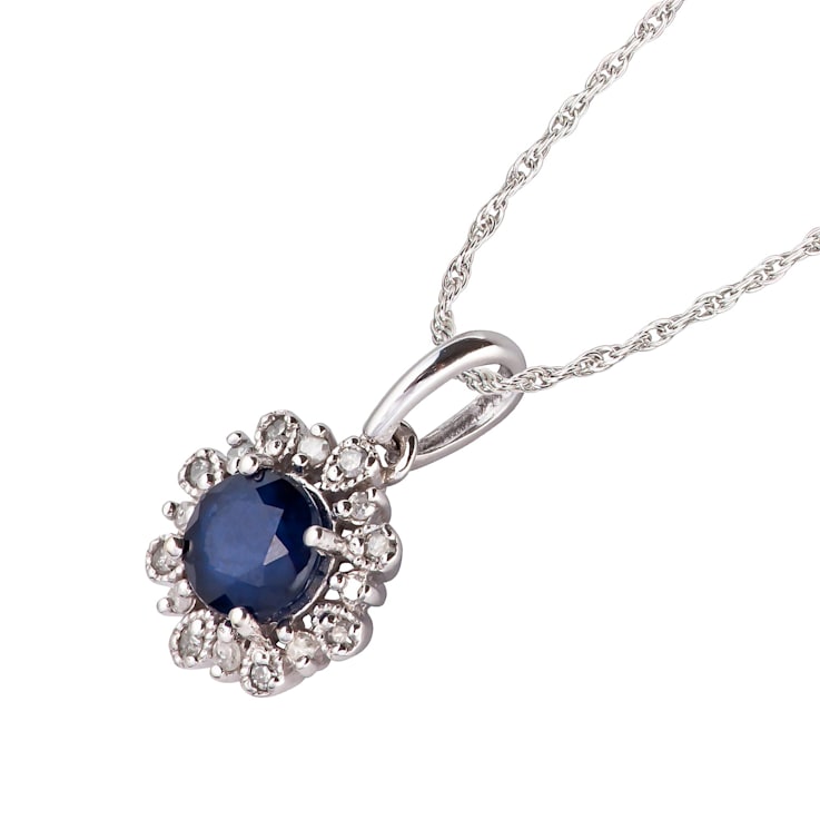 10k White Gold Genuine Round Sapphire and Diamond Vintage Style Halo
Pendant With Chain