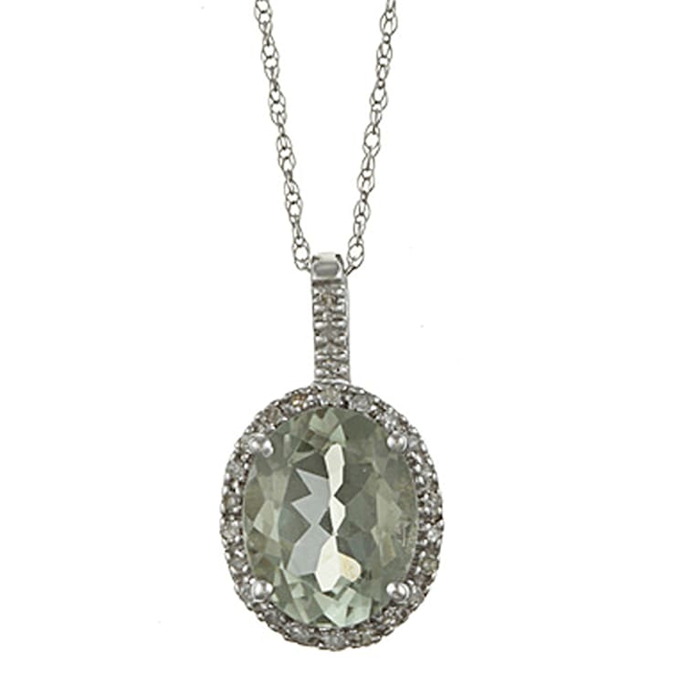 10k White Gold Oval Prasiolite and Diamond Halo Pendant With Chain